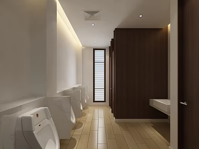 Modern Public Restroom With Clean Design White Urinals Wooden Flooring And Private Cubicles 3d model