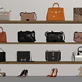 Stylish Handbag Collection Displayed On Shelves With Various Colors And High Heels