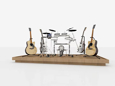 Musical Instruments Display With Acoustic Guitars Electric Guitar And Drum Set On Wooden Platform 3d model