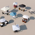 Outdoor Chairs With Various Colored Umbrellas And Table Sets For Beach Outdoor Setting 3d model