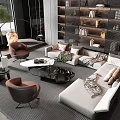 Modern Beige Sofa and Coffee Table Set with Brown Accent Chairs Decorative Pillows and Plants