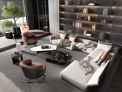 Modern Beige Sofa and Coffee Table Set with Brown Accent Chairs Decorative Pillows and Plants 3d model