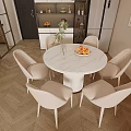 Modern Round Marble Dining Table Set With Light Upholstered Chairs For Home Interior 3d model