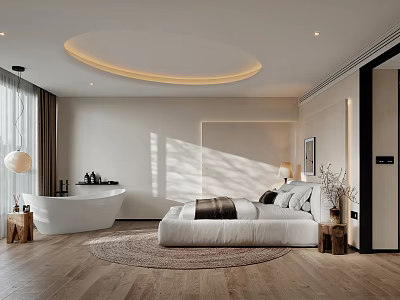 Modern Bedroom Interior Design With Circular Ceiling Light Wooden Flooring Round Rug And Bathtub 3d model