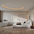Modern Bedroom Interior Design With Circular Ceiling Light Wooden Flooring Round Rug And Bathtub