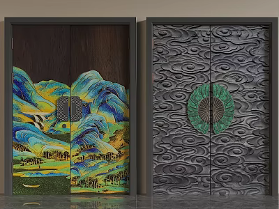 Traditional Chinese Style Hinged Doors Featuring Colorful Mountain Landscape Green Circular Decoration And Cloud Patterns 3d model