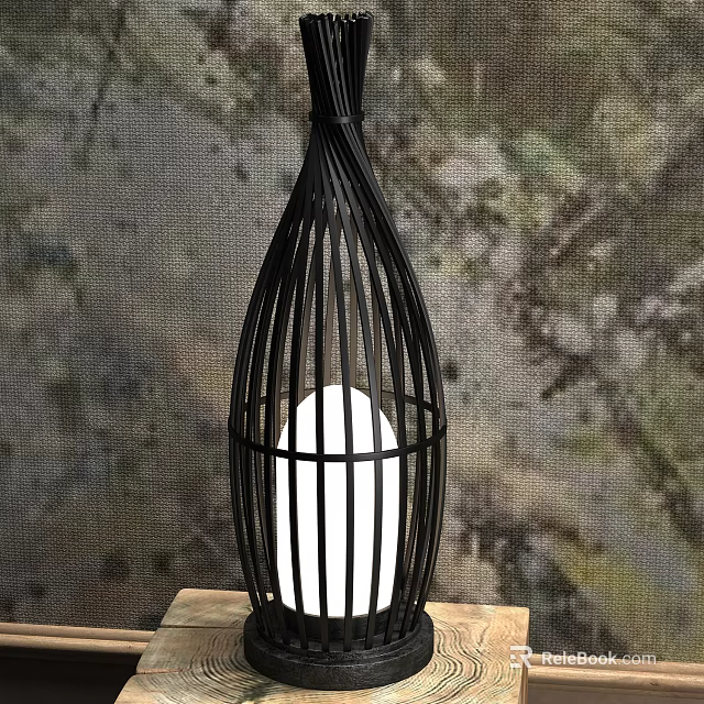 Modern Black Cage Design Table Lamp With White Light And Wooden Base 3d model 