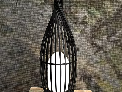 Modern Black Cage Design Table Lamp With White Light And Wooden Base 3d model