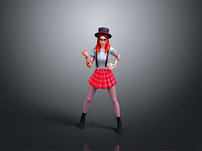 Game Movie Character With Red Hair Black Hat Red Plaid Skirt Gray Top Mechanical Arms 3d model