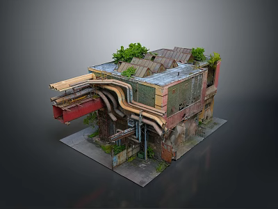 Abandoned Building Landscape With Rusted Roof Greenery Damaged Structure And Exposed Pipes 3d model