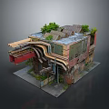 Abandoned Building Landscape With Rusted Roof Greenery Damaged Structure And Exposed Pipes