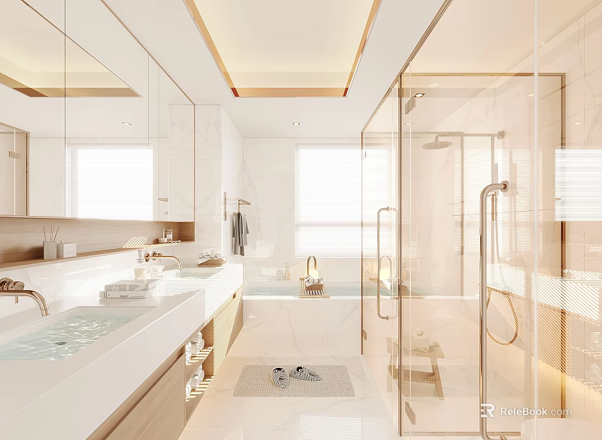Modern Bathroom Interior With Glass Shower Enclosure Double Vanity And Large Mirror Cabinets 3d model 