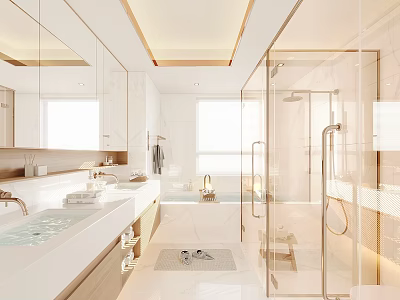 Modern Bathroom Interior With Glass Shower Enclosure Double Vanity And Large Mirror Cabinets 3d model