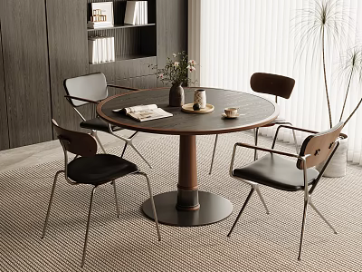 Modern Dining Interior With Round Table Four Chairs Bookshelf And Plant 3d model