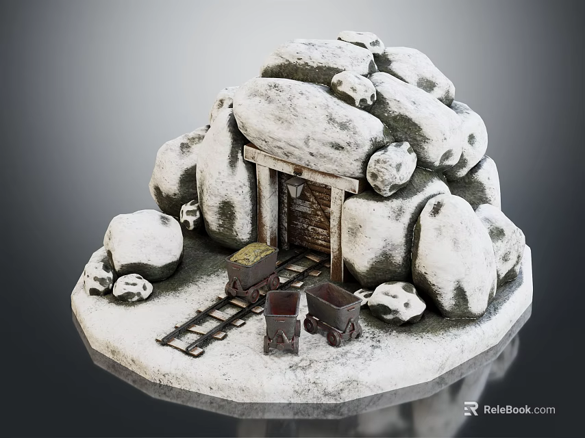 Snow Covered Stone Structure Model With Wooden Door Rail Tracks And Carts 3d model 