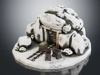 Snow Covered Stone Structure Model With Wooden Door Rail Tracks And Carts 3d model