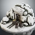 Snow Covered Stone Structure Model With Wooden Door Rail Tracks And Carts