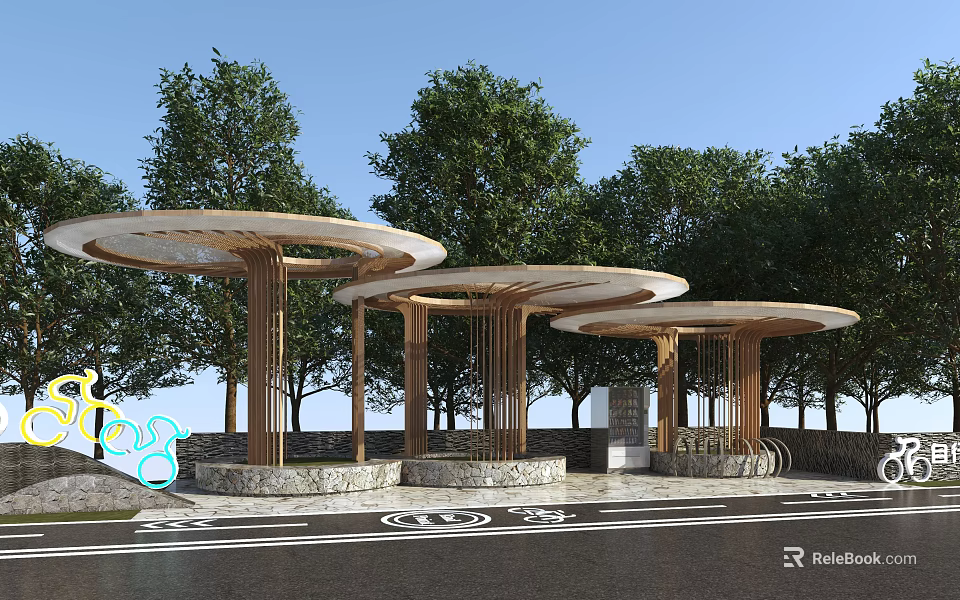 Outdoor Wooden Pergola with Circular Roof in Park Setting Surrounded by Trees and Stone Base 3d model 
