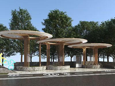 Outdoor Wooden Pergola with Circular Roof in Park Setting Surrounded by Trees and Stone Base 3d model
