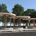 Outdoor Wooden Pergola with Circular Roof in Park Setting Surrounded by Trees and Stone Base