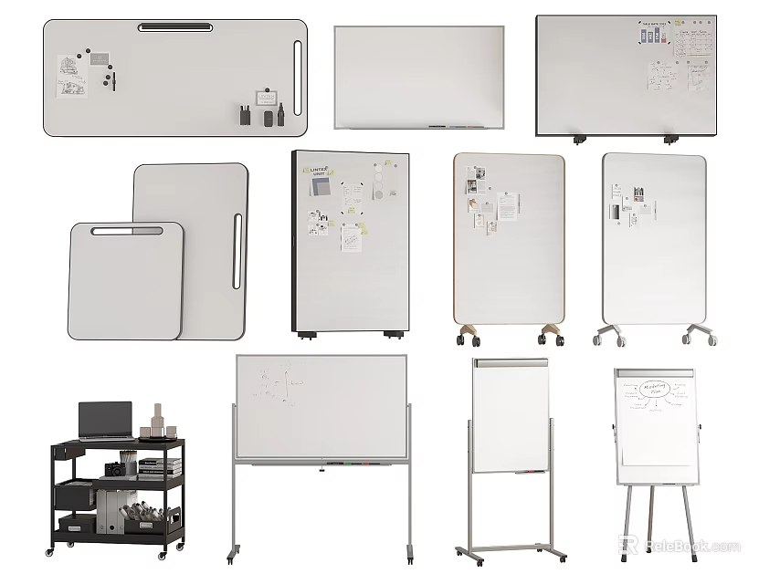 Dry Erase Whiteboards Collection Wall Mounted Mobile with Stand and Storage Shelf 3d model 