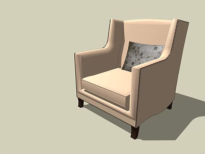 Elegant Beige Upholstered Armchair With Dark Wooden Legs And Patterned Cushion 3d model
