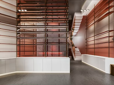 Modern Retail Store Interior With Glass Shelves Wooden Stairs And Warm Lighting Design 3d model