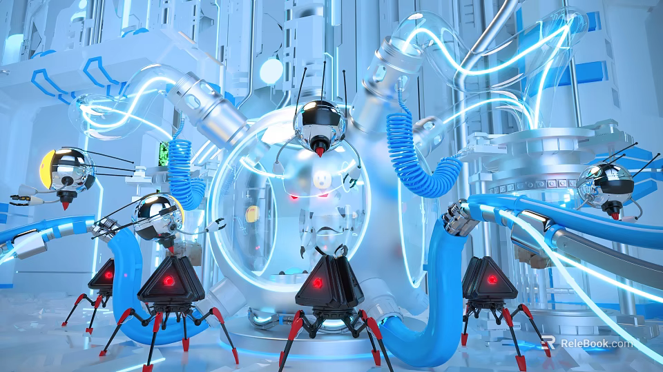 Futuristic Sci Fi Lab With Robot Mechanical Arms Blue Pipes Neon Lights And Circular Structure 3d model 