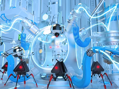 Futuristic Sci Fi Lab With Robot Mechanical Arms Blue Pipes Neon Lights And Circular Structure 3d model