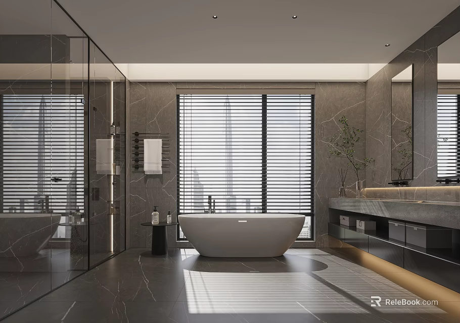 Modern Bathroom Interior Design With Freestanding Bathtub Large Windows And Marble Walls 3d model 