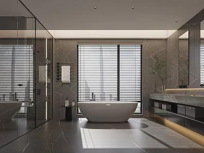 Modern Bathroom Interior Design With Freestanding Bathtub Large Windows And Marble Walls 3d model