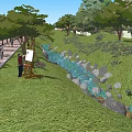 Garden Landscape Featuring Tree Lined Walkway Red Brick Pavement Stream Green Grass And People Walking
