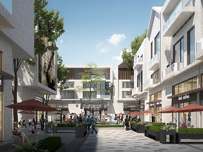 Vibrant Commercial Street With Modern Buildings Trees Pedestrians Shops And Outdoor Seating 3d model