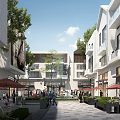 Vibrant Commercial Street With Modern Buildings Trees Pedestrians Shops And Outdoor Seating