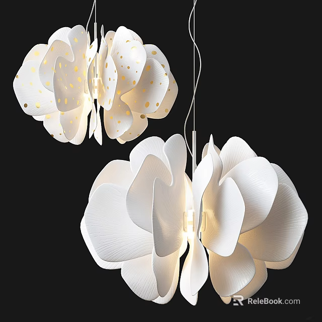 Modern Flower Shaped Chandelier With White Petals And Golden Dots Decorative Design 3d model 