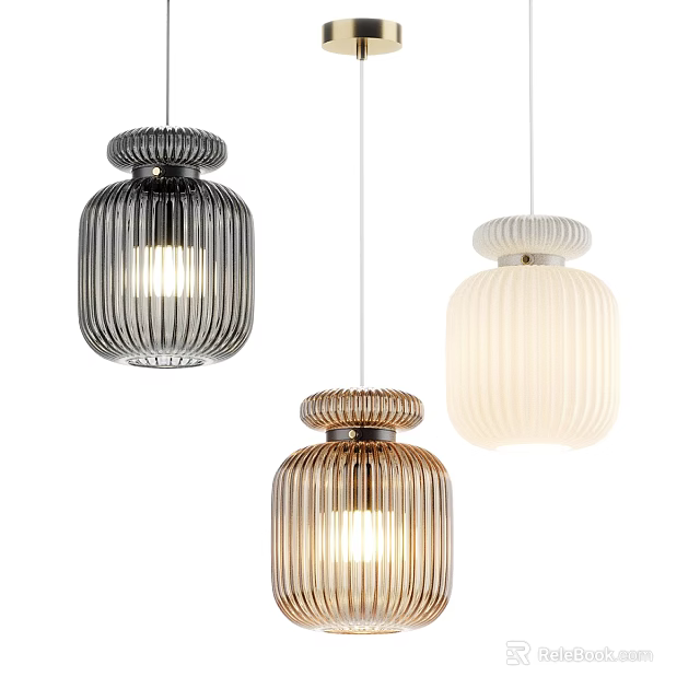 Modern Three Colored Pendant Lights With Striped Design In Black Gold White 3d model 