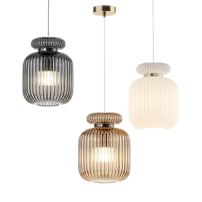 Modern Three Colored Pendant Lights With Striped Design In Black Gold White 3d model