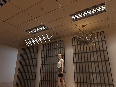 Modern Furniture Showroom With Grilled Partitions Ceiling Lights And Chandelier Display Space 3d model