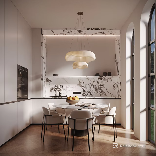 Modern Restaurant Interior With Marble Wall Pendant Light And Round Dining Table 3d model