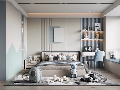 Elegant Modern Kids Room Interior With Soft Bedding Study Desk And Playful Toys 3d model