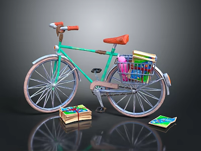 Green Bicycle with Red Seat Colorful Items on Rear Rack and Books on Floor 3d model