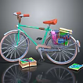 Green Bicycle with Red Seat Colorful Items on Rear Rack and Books on Floor