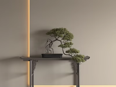 Elegant Pine Bonsai Plant On Dark Carved Stand With Lighted Beige Wall Background 3d model
