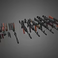 Various Military Weapons Display Including Rifles With Wooden Stocks And Metal Parts