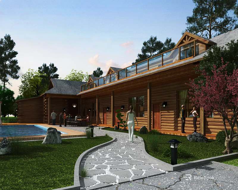 Scenic Wooden House Exterior With Swimming Pool Stone Pathway And Green Trees 3d model 