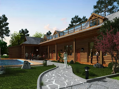 Scenic Wooden House Exterior With Swimming Pool Stone Pathway And Green Trees 3d model