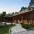 Scenic Wooden House Exterior With Swimming Pool Stone Pathway And Green Trees