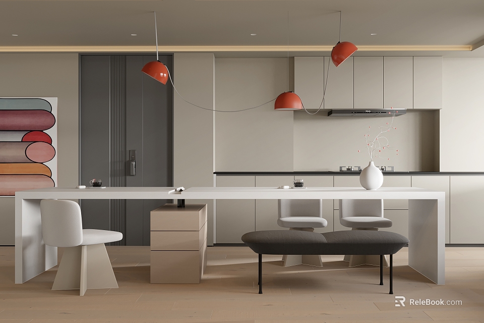 Modern Kitchen Interior With White Island Counter Gray Cabinets Red Pendant Lights And Seating 3d model 