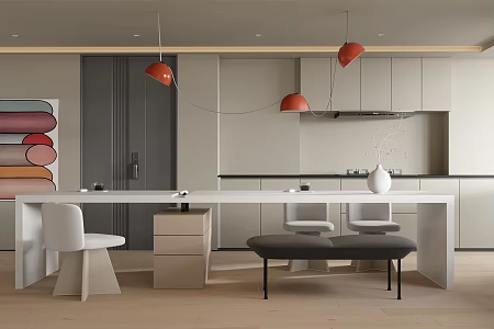 Open Kitchen Marble Bar Counter Island Table Casual Single Chair Casual Bench Solid Wood Cabinet Gas Stove 3d model