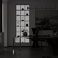 Elegant Modern Tea Room Interior Design With Black Table Decorative Painting And Bonsai Plant